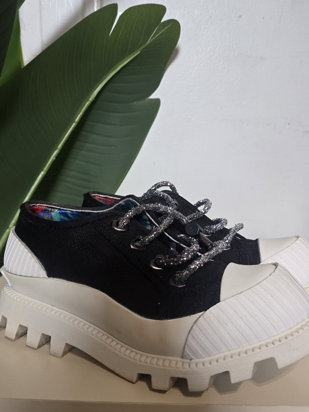 Irregular Choice Black Canvas Platform Sneakers with Silver Glitter Laces